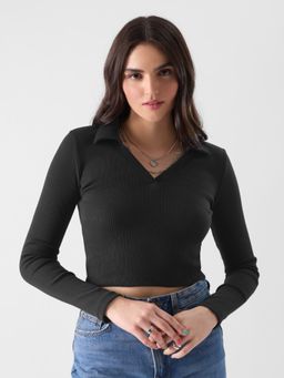 The Souled Store - Original Solids: Aqua Grey (V-Neck) Cropped Polos for Womens