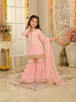 Superminis - Girls Georgette Ethnic Full Sleeve Kurta With Sharara & Dupatta