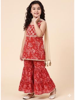 A.T.U.N. - Girls 100% Cotton Red Kurta With Sharara & Dupatta