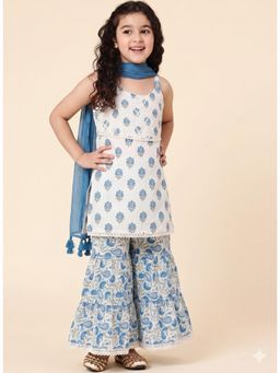 A.T.U.N. - Girls 100% Cotton White Kurta With Sharara & Dupatta