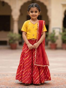 Kinder Kids - Cotton Short Sleeves Embroidered Choli And Lehenga With Dupatta