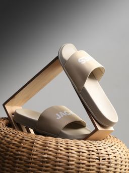 Jack & Jones - Beige Logo Print Pool Sliders