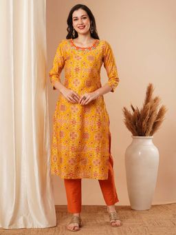 FASHOR - Women Yellow Embroidered Kurta