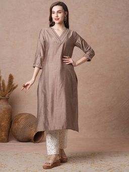 FASHOR - Women Beige Embroidered Kurta