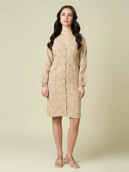 PEACH & PANDA - Beige Embroidered Shirt Dress