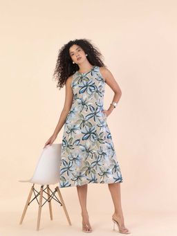 Powersutra - Women Linen Blend Round Neck Floral Printed Round Neck Fit and Flare Dress
