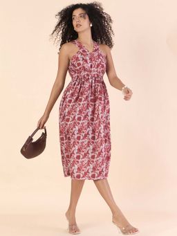 Powersutra - Chic Vintage Floral Printed Elasticated Dress with Halter Neck Details