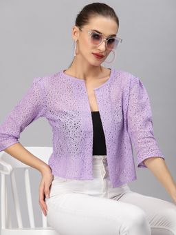 Style Quotient - Women Lilac Self Design Floral lace Regular Open Front Shrug