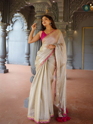 Ethnic Elements Sea Pearl Mul Mul Cotton Tissue Saree without Blouse