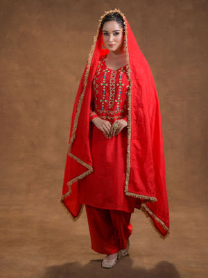 Red - Phulkari Hand Embroidered Crepe Silk 3pc Unstitched Dress Material 22