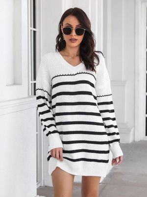 Striped V-Neck Long Sleeve Sweater Dress