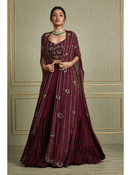 CHARU AND VASUNDHARA - Maroon Embroidered Lehenga with Blouse and Cape