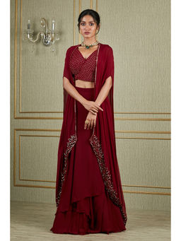 CHARU AND VASUNDHARA - Gina Red Lehenga with Blouse and Cape