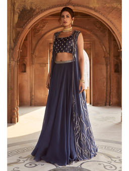 CHARU AND VASUNDHARA - Zea Navy Blue Lehenga With Blouse and Jacket