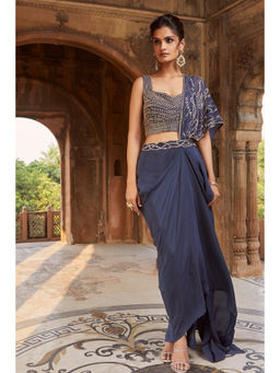 CHARU AND VASUNDHARA - Zendaya Navy Blue Embroidered Skirt With Blouse