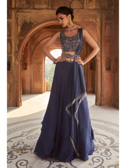 CHARU AND VASUNDHARA - Zaina Navy Blue Lehenga With Blouse and Dupatta With Belt