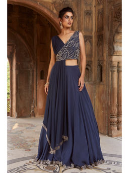 CHARU AND VASUNDHARA - Sahara Navy Blue Lehenga With Blouse and Jacket With Dupatta