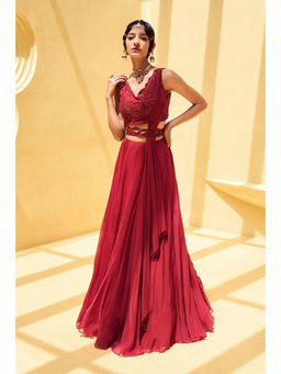 CHARU AND VASUNDHARA - Rose Red Lehenga with Blouse and Dupatta with Belt