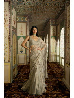 CHARU AND VASUNDHARA - Kaya Silver Lehenga with Blouse and Dupatta