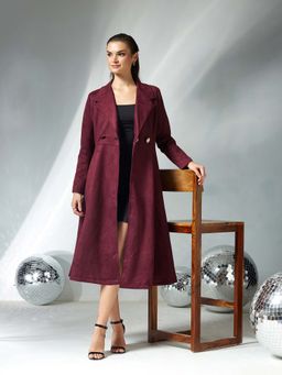 Miss Chase - Womens Wine Full Sleeves Longline Overcoat