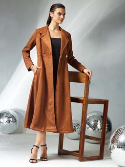 Miss Chase - Womens Brown Full Sleeves Longline Overcoat