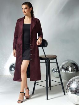 Miss Chase - Womens Wine Full Sleeves Button Down Longline Winter Overcoat