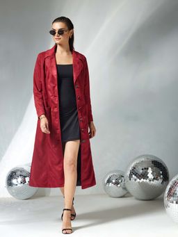 Miss Chase - Womens Dark Red Full Sleeves Button Down Longline Winter Overcoat