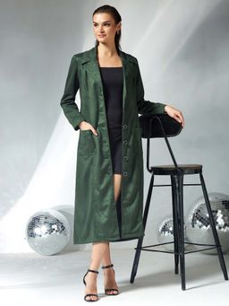 Miss Chase - Womens Dark Green Full Sleeves Button Down Longline Winter Overcoat