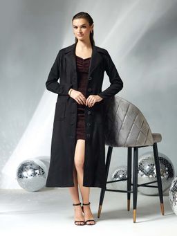 Miss Chase - Womens Black Full Sleeves Button Down Longline Winter Wear Overcoat