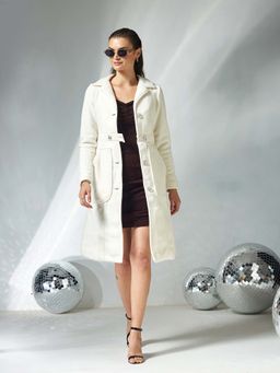 Miss Chase - Womens Off White Full Sleeves Longline Winter Overcoat