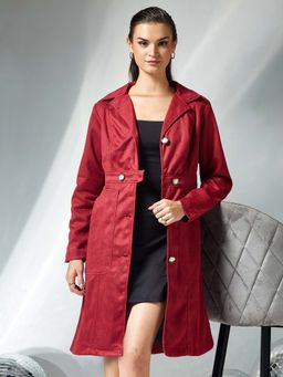 Miss Chase - Womens Dark Red Full Sleeves Button Down Longline Overcoat