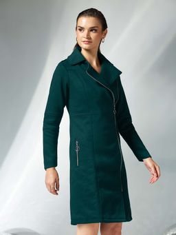 Miss Chase - Womens Dark Green Notch Collar Full Sleeve Overcoat