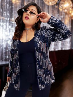 Martini - Women Blue Silver Plus Size Sequinned Shrug