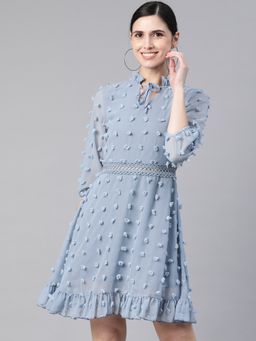 KASSUALLY - Blue Self Design A-Line Dress
