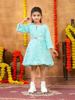 Aarika - Turquoise Wool Textured Dress With Belt