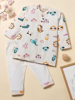 Desi Soota - White Cotton Animal Print Kurta With Pyjama