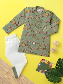 Desi Soota - Olive Cotton Animal Print Kurta With Pyjama