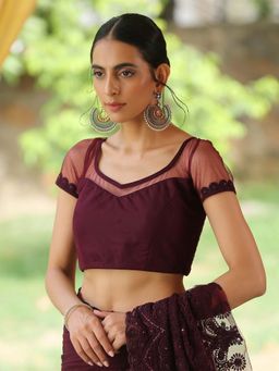 Swtantra - Mulberry Wine Embroidered Net Blouse