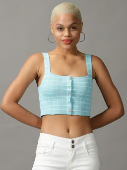 SHOWOFFFF - Womens Square Neck Fitted Checked Blue Crop Top