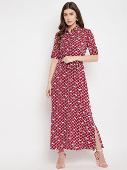 Uptownie - Red Crepe Printed Button Down Shirt Maxi Dress
