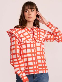 How When Wear - Womens Cotton Checks Orange Top