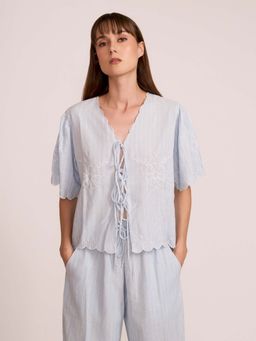 How When Wear - Womens Linen Embroidered Blue Shirt