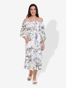 Mala Singh - Womens Cotton Floral White Dress with Belt