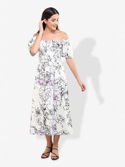 Mala Singh - Womens Cotton Floral White Dress