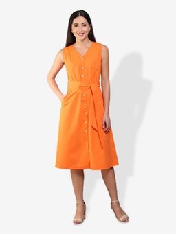 Mala Singh - Womens Cotton Solid Orange Dress with Belt