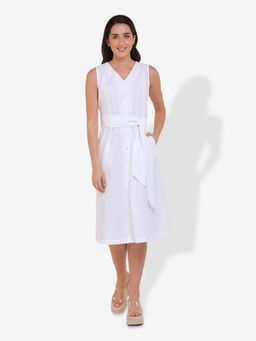 Mala Singh - Womens Cotton Solid White Dress with Belt