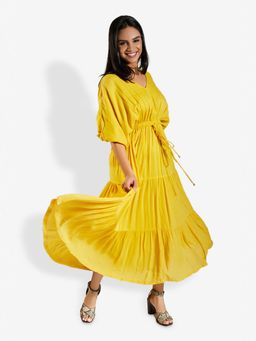 Mala Singh - Womens Cotton Solid Yellow Dress