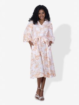 Mala Singh - Womens Cotton Printed Peach Dress with Belt