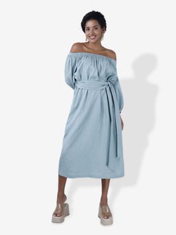 Mala Singh - Womens Cotton Solid Blue Dress with Belt