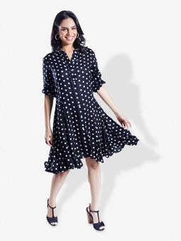 Mala Singh - Womens Cotton Polka Dots Black Dress